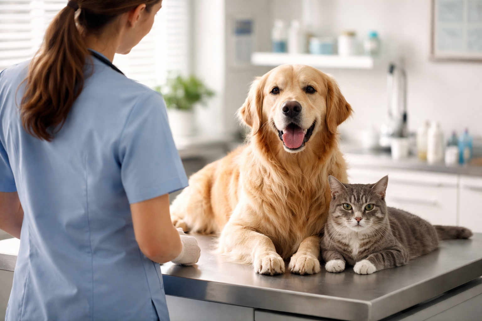 Veterinaria con perro y gato en consulta